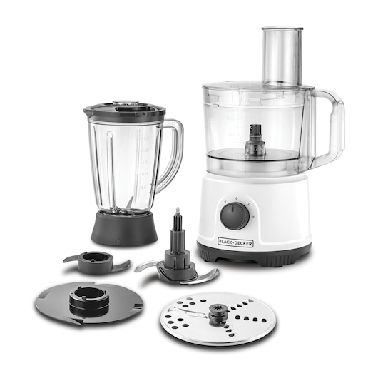 A BLACK+DECKER food processor set with multiple attachments, including a clear blending jar with a black base and lid, a white food processor base with control dial, a transparent mixing bowl, and various blades and discs for slicing and chopping, all arranged on a white background.
