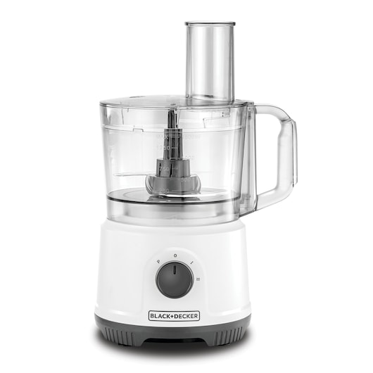 Photo of BLACK+DECKER FX822 food processor, white base, transparent bowl and lid, front view on white background.