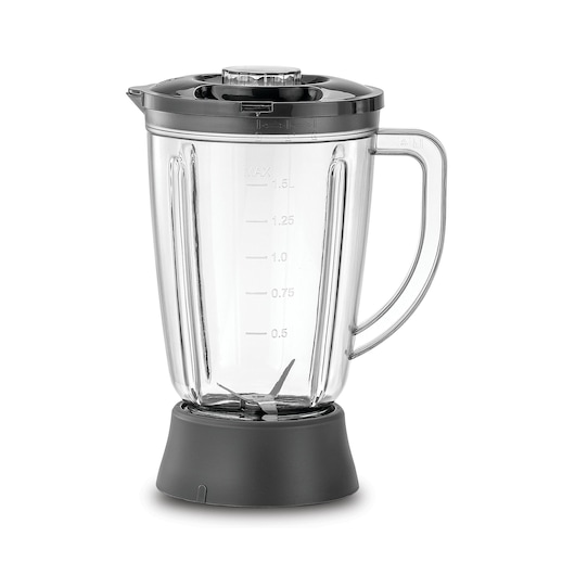 BLACKDECKER FX822 blender jug with black lid and base, transparent glass, side view on white background.