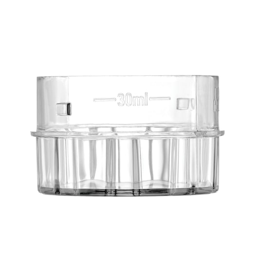 BLACKDECKER FX822 clear plastic 30ml measuring cap, side angle, for kitchen or appliance use.