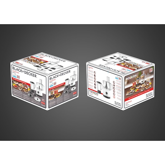 Photo of two BLACK+DECKER FX822 food processor boxes, showing product images, features, and food preparation examples.