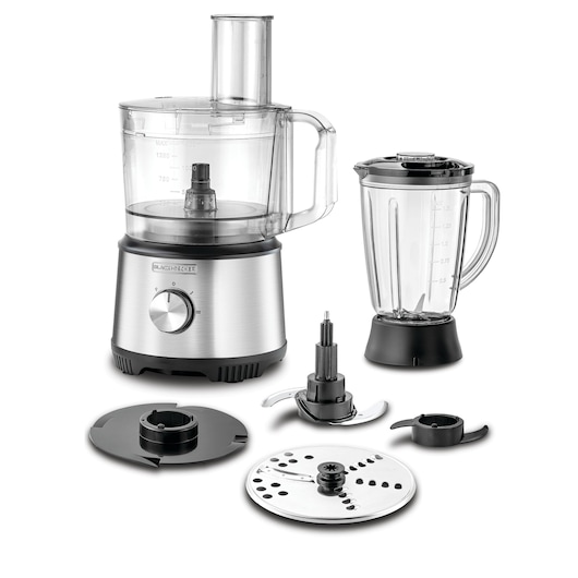 BLACK+DECKER food processor with multiple attachments including a transparent mixing bowl, blender jar, slicing disc, and various blades, shown on a white background.