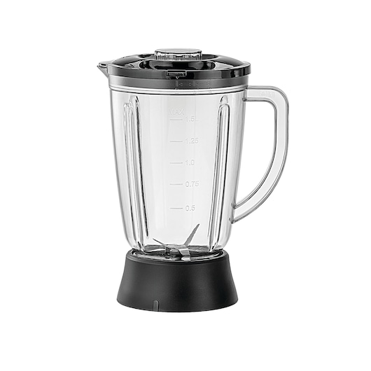 BLACKDECKER FX825 blender jar with black lid and handle, front view, clear container with measurement markings.