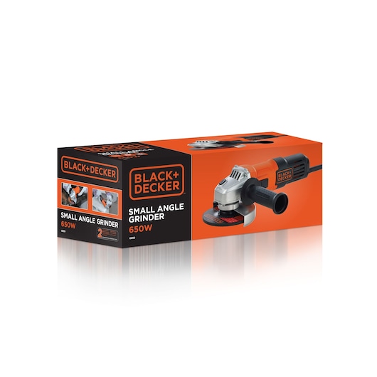 BLACK+DECKER G650-TR small angle grinder 650W box, orange and black packaging, front angle.