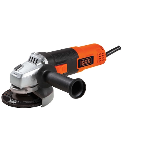 A BLACK+DECKER branded angle grinder with an orange and black body, side handle, and power cord. The tool is model G720P, designed for grinding, cutting, or polishing tasks.