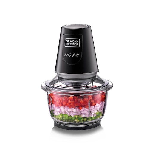 A BLACK+DECKER electric food chopper with a black top and a transparent glass bowl, filled with chopped vegetables including green peppers, onions, and red peppers.