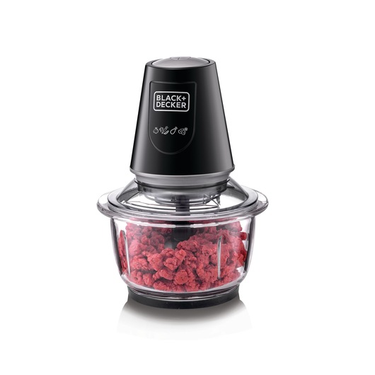 A BLACK+DECKER electric food chopper with a black motor unit and a transparent bowl containing minced meat. The appliance features simple icons indicating suitable foods for chopping.