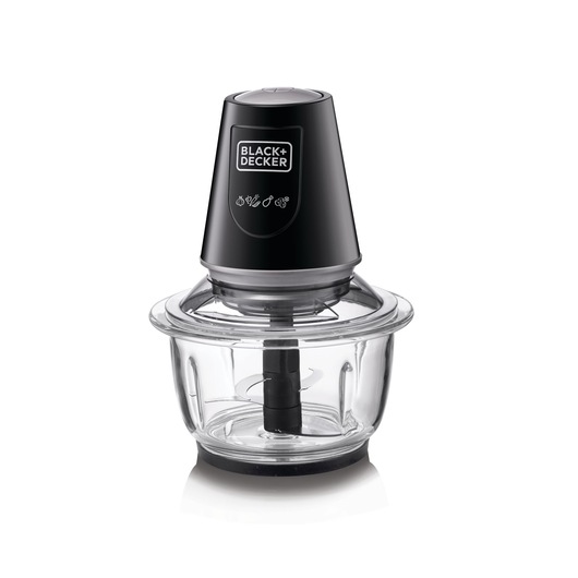 A BLACK+DECKER electric food chopper with a black motor unit on top and a clear glass bowl underneath, shown against a white background.