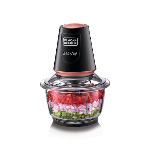 A BLACK+DECKER electric food chopper with a transparent glass bowl filled with chopped red, white, and green vegetables. The appliance has a black and copper-colored lid.