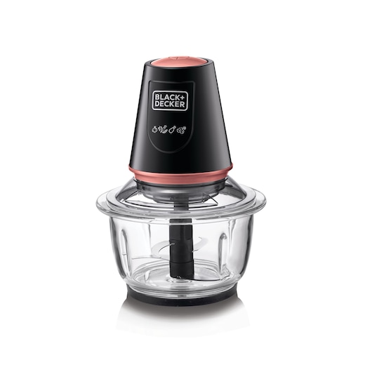 BLACK+DECKER electric food chopper with a black and copper design, featuring a clear glass bowl and lid.