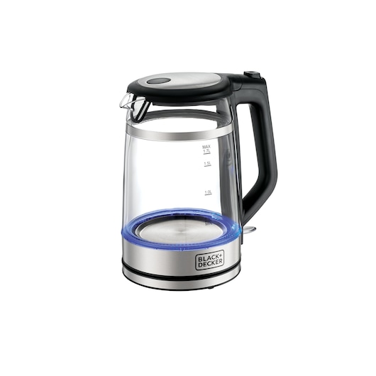 A BLACK+DECKER electric glass kettle with a stainless steel base and lid, black handle, and water level markings on the side.