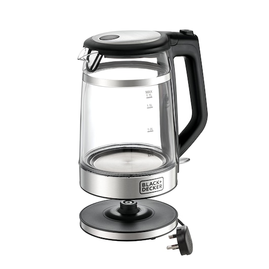 A BLACK+DECKER electric glass kettle with a stainless steel base and black handle, shown next to its detachable power base and plug.