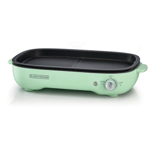 Photo of BLACK+DECKER GMF1400 mint green electric grill with non-stick griddle and temperature control, front angle.