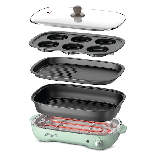 BLACK+DECKER GMF1400 multi-function electric grill with glass lid, muffin tray, grill plate, baking tray, exploded view, white background.