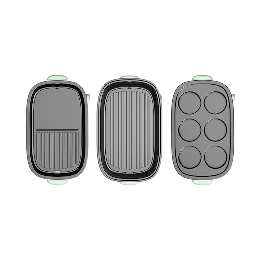 BLACKDECKER GMF1400 multi-plate electric grill photography, top view showing three interchangeable cooking plates.