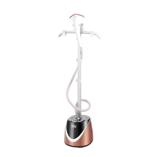 A BLACK+DECKER garment steamer with a rose gold and black base, vertical pole, flexible steam hose, and hanger attachments, designed for steaming clothes.