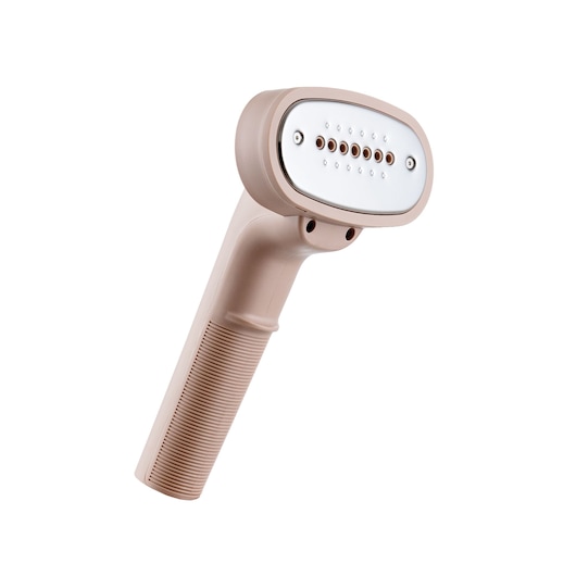 Photo of BLACKDECKER GST1620 handheld garment steamer, beige color, angled on white background.