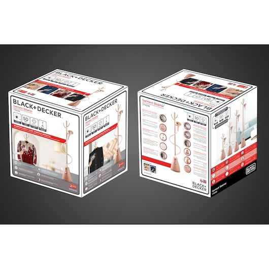 BLACK+DECKER GST1620 garment steamer box packaging, showing product images and key features from two angles on white background.