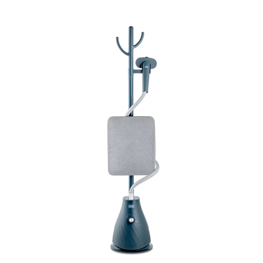 A BLACK+DECKER upright garment steamer with a dark blue base, vertical support pole, steam hose, and large ironing pad. The design includes a hanger attachment at the top.