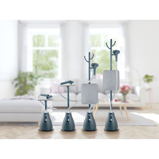 BLACKDECKER GST1820 garment steamer showing adjustable height and ironing board in a living room.