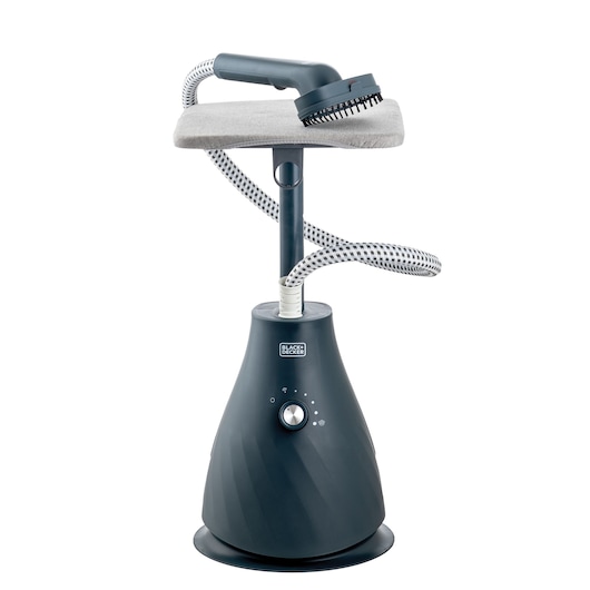 BLACK+DECKER GST1820 garment steamer with grey and black base, flexible hose, and attached ironing board, front angle.