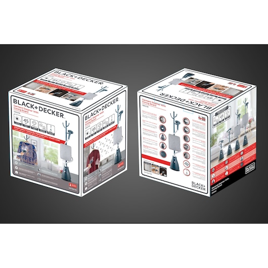 BLACK+DECKER GST1820 garment steamer with ironing board, two product packaging boxes pictured at an angle.