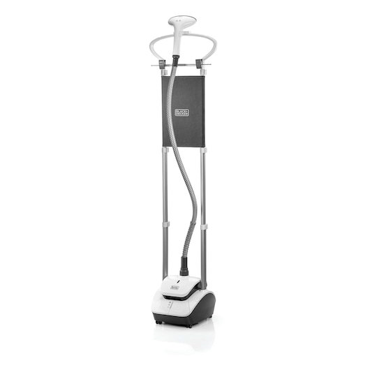 BLACK+DECKER upright garment steamer GST2000 with a white base, black fabric board, flexible hose, and steam nozzle, designed for removing wrinkles from clothes.