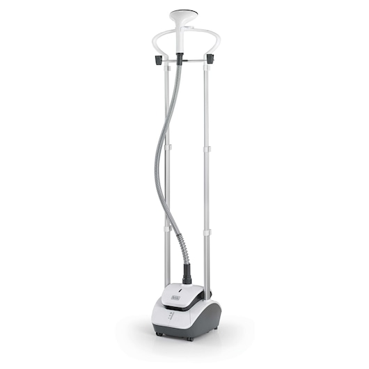 A BLACK+DECKER upright garment steamer with a white and grey design, featuring a hose and two vertical poles for hanging clothes.