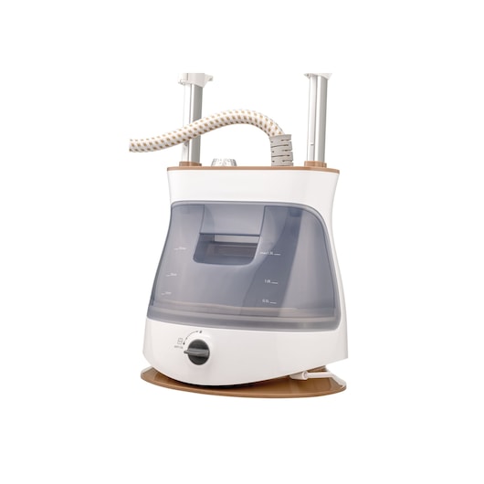 BLACKDECKER GST2400 garment steamer in white and gold, side angle with hose and control knob, on white background.