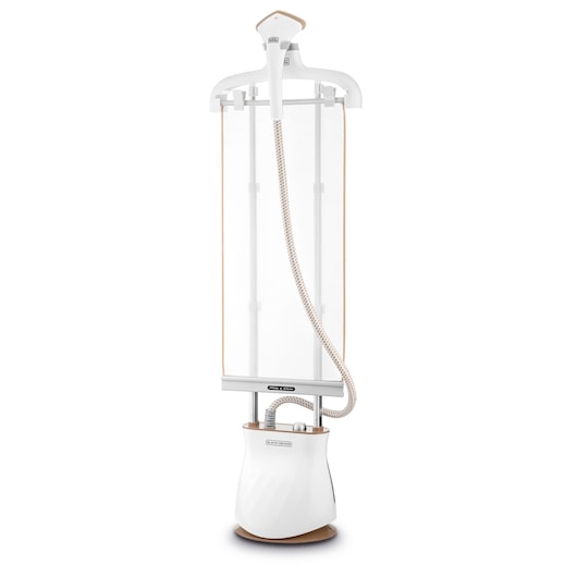 A BLACK+DECKER upright garment steamer with a white and beige design, featuring a steam nozzle attached to a flexible hose and a vertical screen for clothes.
