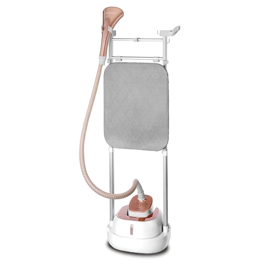 A BLACK+DECKER garment steamer with a vertical stand and ironing board, featuring a detachable steam nozzle and a flexible hose, designed for steaming and ironing clothes.