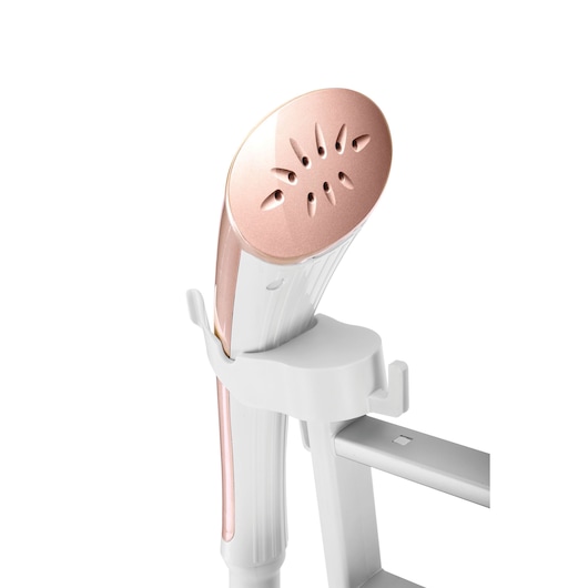 BLACKDECKER GSTD2050 garment steamer with rose gold head, side angle on white background.
