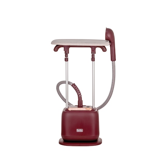 BLACKDECKER GSTD2450 garment steamer with ironing board, burgundy color, front angle, white background.