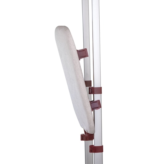 BLACKDECKER GSTD2450 ironing board with beige cover attached to silver frame, side angle, white background.