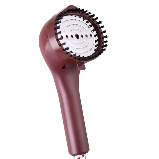 BLACKDECKER GSTD2450 handheld garment steamer with bristle brush attachment, side angle, white background.