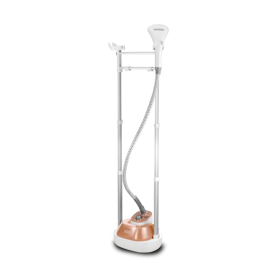 A BLACK+DECKER garment steamer with a tall stand, hose, and handheld steam head, featuring a white and copper color scheme.