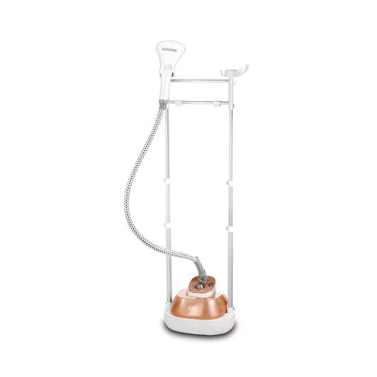 A BLACK+DECKER garment steamer with a copper-colored base, flexible hose, and white adjustable upright stand for hanging clothes. The steamer head is attached to the top of the stand.