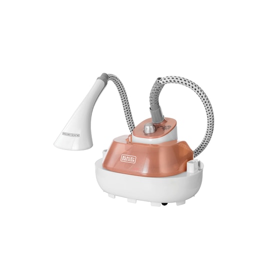 BLACKDECKER GSTM2050 garment steamer with white handheld nozzle, flexible hose, and copper base, side angle.