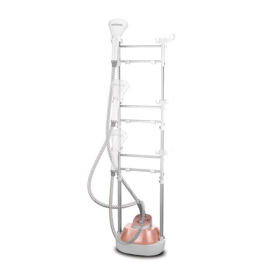 BLACKDECKER GSTM2050 clothes steamer with adjustable pole, rose gold and white, front angle on white background.