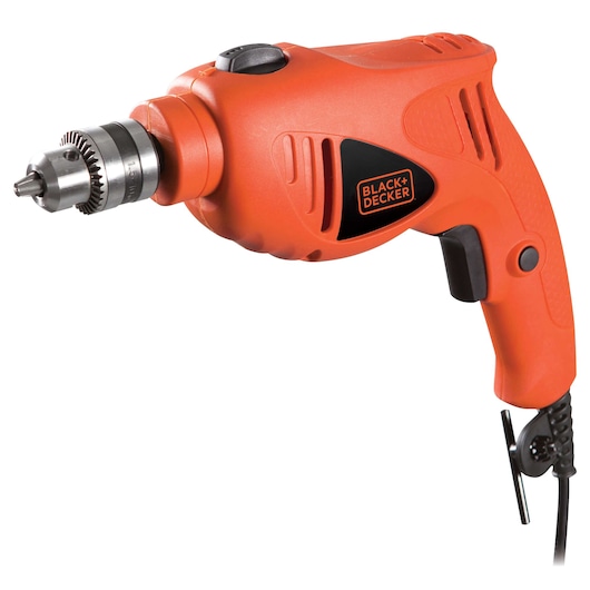 A corded electric drill with an orange body and a BLACK+DECKER logo. The drill features a metal chuck and a trigger switch on the handle, with a cord attached at the bottom.