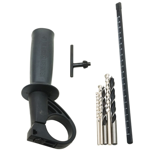 Photo of BLACK+DECKER HD5010VA5 drill accessory kit with side handle, depth gauge, chuck key, and four drill bits, top view.