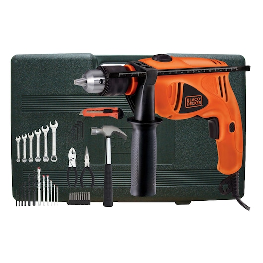 BLACK+DECKER HD5513KA40 orange corded drill kit with drill bits, hand tools, wrenches, and black carrying case, front view.