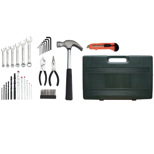 BLACK+DECKER HD5513KA40 hand tool and drill bit set with hammer, pliers, wrenches, utility knife, and black case, top-down view.
