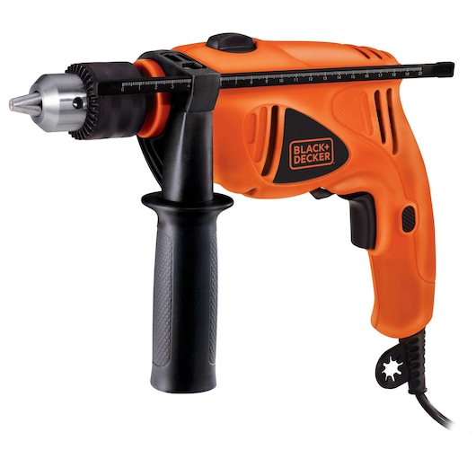 An orange and black BLACK+DECKER electric drill with a side handle and depth gauge, photographed on a white background.