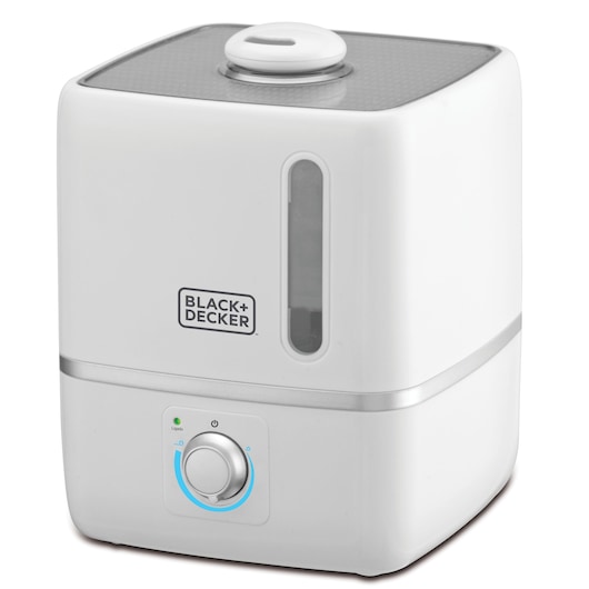 A white BLACK+DECKER branded humidifier with a water level indicator and a control knob on the front.