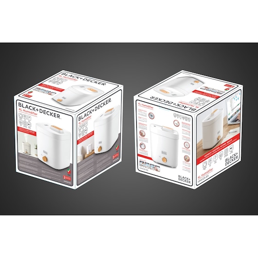 Photo of two BLACK+DECKER 4L humidifier boxes, SKU HM4125, showing product images and features on white packaging.