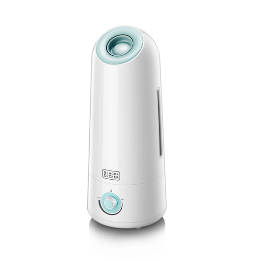 A BLACK+DECKER branded white humidifier with a cylindrical design, a turquoise control knob at the base, and a mist outlet at the top.