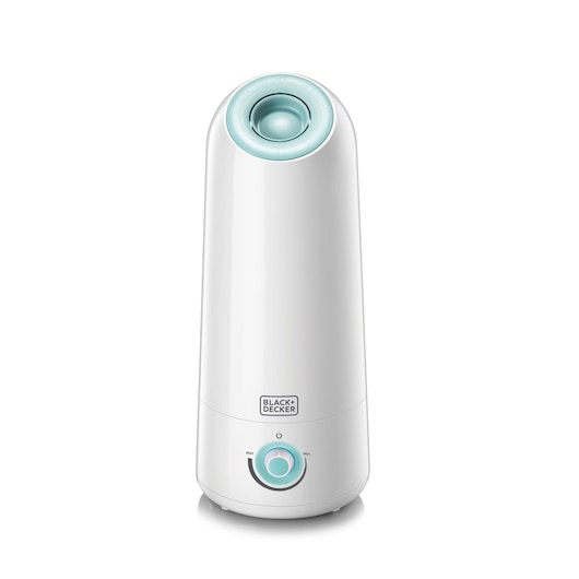 A BLACK+DECKER branded white humidifier with a cylindrical, modern design, a circular vent at the top, and a control dial with aqua blue accent at the bottom front.