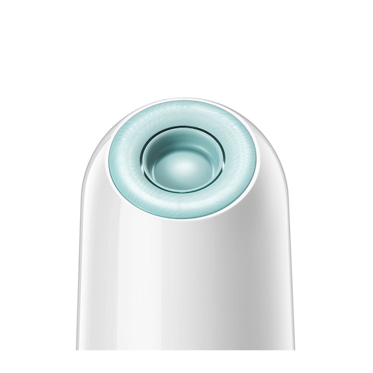 BLACKDECKER HM5000 white handheld mixer top view with turquoise circular detail.