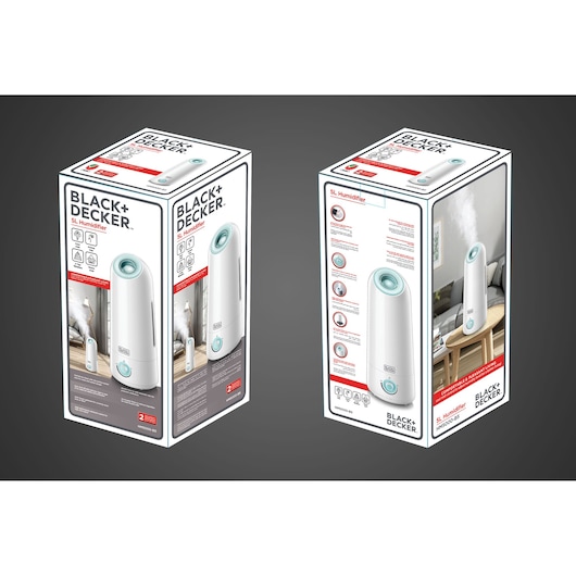 Two boxes of BLACK+DECKER SL Humidifier (model HM5000) are shown. The packaging displays a white and light blue humidifier with product features and images of the device in a home setting.